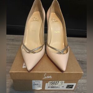 Christian Louboutin Blush Pointed-Toe Pumps with Metallic Cross Straps